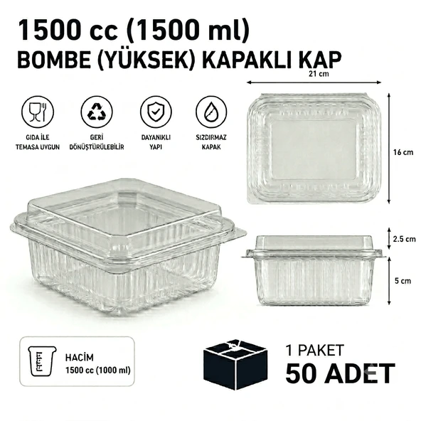 1500 cc Sızdırmaz Kap 50 Adet - Bombe Yüksek Kapak ürün görseli 1