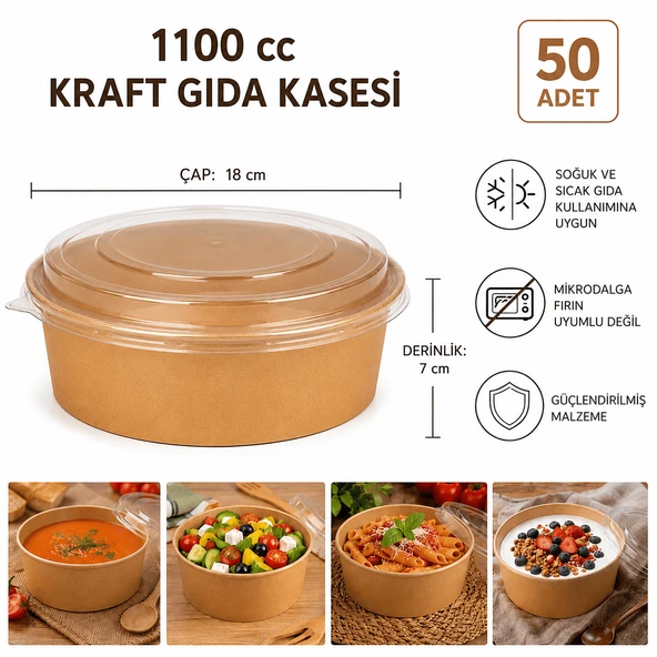KAPAKLI 1100 cc Kraft Gıda Kasesi - 50 Adet ürün görseli 1