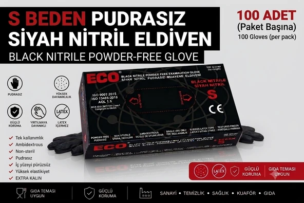 S Beden Pudrasız Siyah Nitril Eldiven - 100 Adet ürün görseli 1