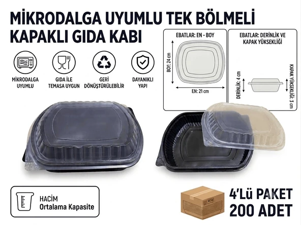 200 Adet KAPAKLI Mikrodalga Uyumlu Tek Bölmeli Gıda Kabı ürün görseli 1