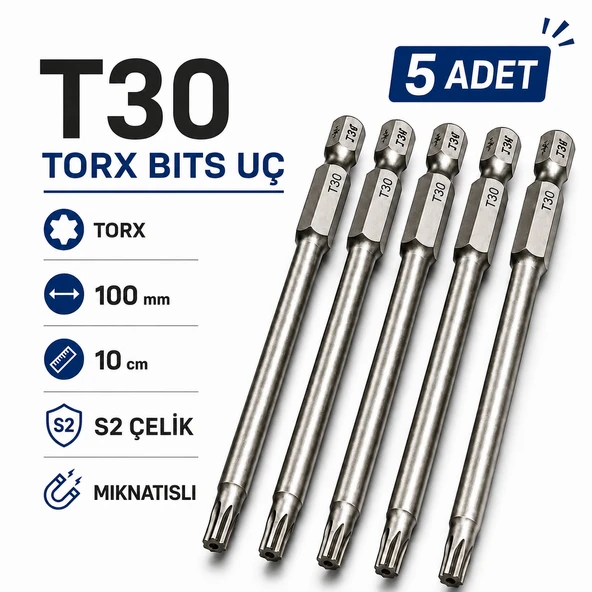 (5 Adet) Manyetik S2 Torx T30 Bits Uç 100 mm Uzun Tornavida Matkap Vidalama Manyetik Vidalama Ucu ürün görseli 1