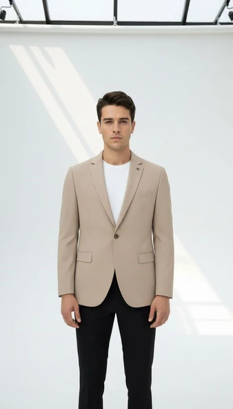 CK2047 Erkek Bej Blazer Ceket – Slim Fit, Tek Düğmeli, Şık Spor-Klasik Model ürün görseli 1