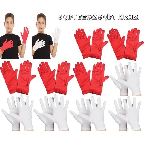 Çocuk Gösteri Eldiven Seti – 5 Çift Beyaz & 5 Çift Kırmızı ürün görseli 1