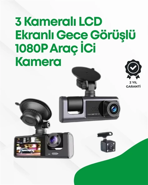 2.0” LCD Ekranlı, Döngüsel Kayıt Özellikli Üç Kameralı Oto Kamera ürün görseli 1
