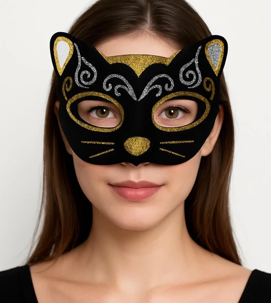Kadife Dokulu Simli Kedi Maskesi Altın Gümüş Detaylı ürün görseli 1