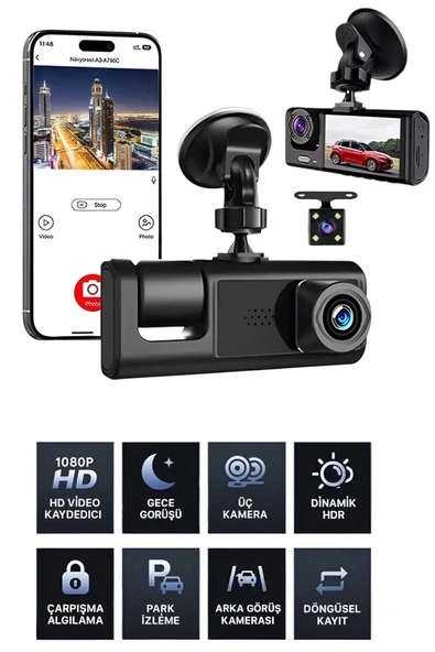 1080p Wifi Full Hd Araç Içi Kamera Arka Ön Iç Kayıt 3 Kamera Gece Görüşlü Gsensör Geniş Açı ürün görseli 1
