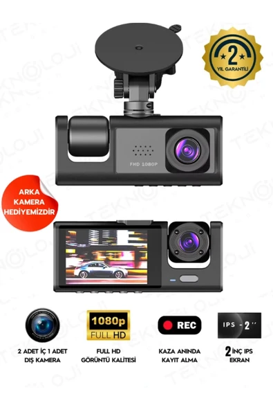 1080P Dash Cam Full Hd Araç içi Kamera Ön Arka ve İç Kayıt 3 Kamera Gece Görüşlü G Sensör Geniş Açı ürün görseli 1