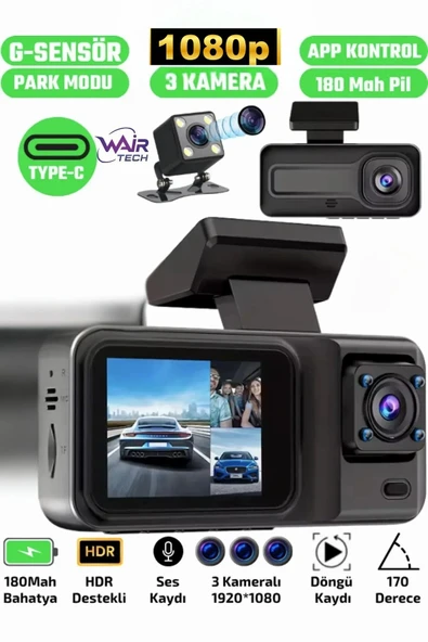 A98 Full Hd 3 Kameralı Araç Içi Güvenlik Kamerası 64gb Uyumlu Ir Gece Görüşü, Ön-arka-iç Kayıt ürün görseli 1