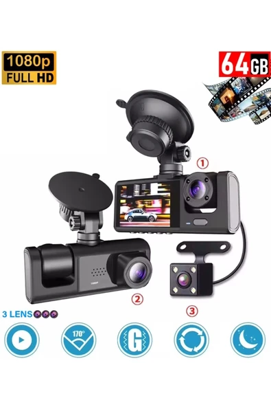 64GB Araç İçi Kamera 3 Kameralı (Yol + Araç İçi+ Arka) FHD Video Kayıt Mikrofonlu Türkçe CC-33 ürün görseli 1