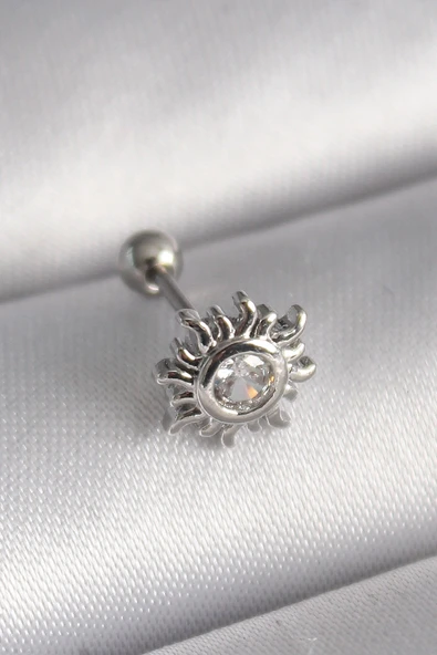 316L Çelik Gümüş Renk Zirkon Taşlı Güneş Tragus Piercing ürün görseli 1