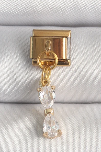 316L Çelik Gold Renk Sallantı Zirkon Taşlı Kurdele Model Nomination Charm ürün görseli 1