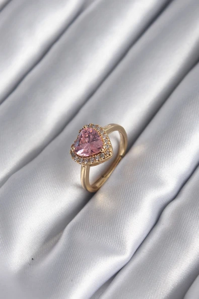 Pirinç Gold Renk Pembe Zirkon Taş Kalp Charm Model Kadın Yüzük ürün görseli 1