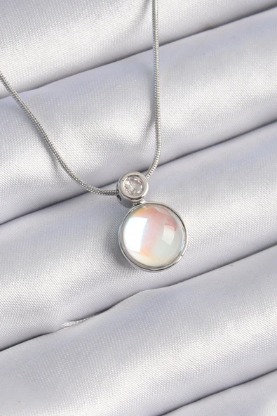 316L Çelik Gümüş Renk Beyaz Sedefli Vintage Model Kadın Kolye ürün görseli 1