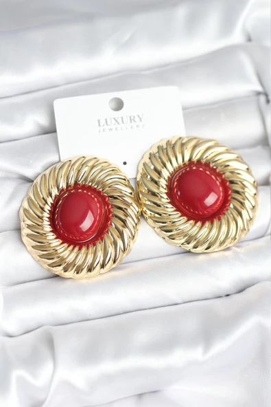 Pirinç Gold Renk Bordo Boncuklu Vintage Kadın Küpe ürün görseli 1