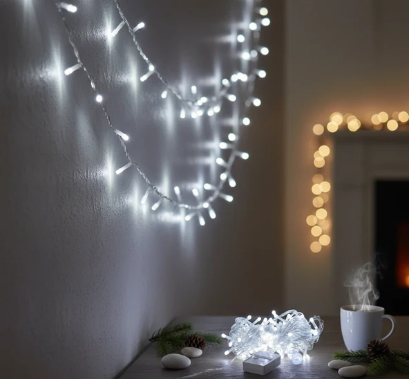 Damla Uçlu Beyaz Işık Şeffaf Kablo  10m 100 Led ürün görseli 1