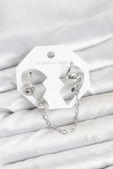 Pirinç Gümüş Renk Yılan Model Zincir Bağlantılı Ear Cuff Küpe Seti ürün görseli 1
