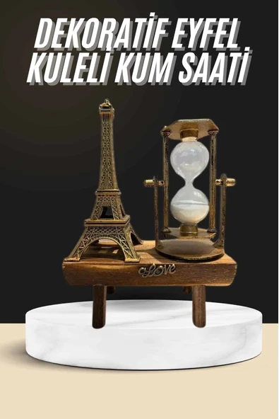 Retro Eyfel Kulesi Ve Kum Saati Dekoratif Ahşap Görünümlü Masa Biblosu ürün görseli 1