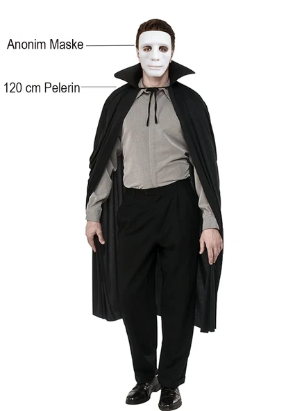 Siyah Renk Yakalı 120 cm Pelerin ve Beyaz Anonim Maske ürün görseli 1
