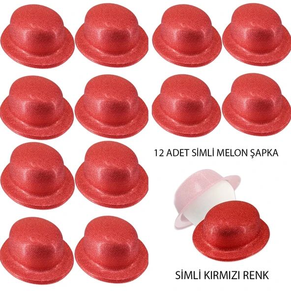 Kırmızı Renk Simli Melon Yuvarlak Parti Şapkası 12 Adet ürün görseli 1