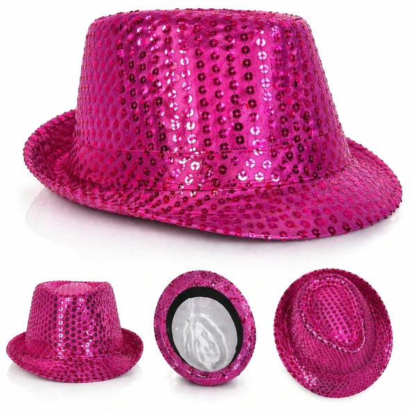 Fuşya Pembe Payetli Disco Parti Şapkası Yetişkin Işıltılı Fötr Model ürün görseli 1