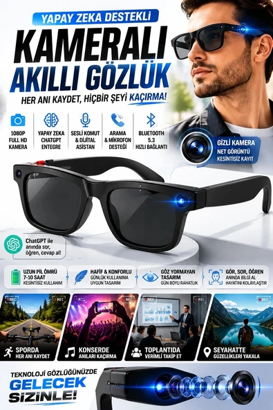 Yapay Zeka Destekli Kameralı Akıllı Gözlük 8MP Kamera ChatGPT Çeviri Ses Kayıt Özellikli ürün görseli 1