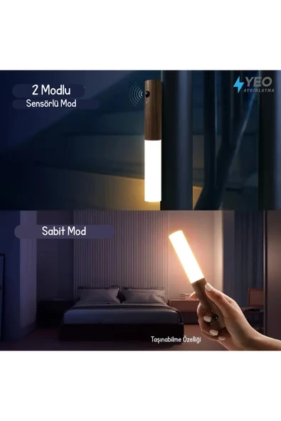 Sensörlü USB Şarjlı Taşınabilir Duvar Aplik Ahşap Görünümlü Masa Lambası - Resim 2