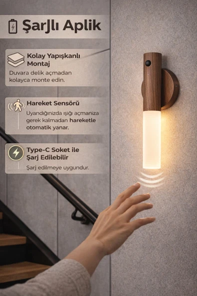 Sensörlü Dekoratif Meşale Duvar Aplik LED Gece Lambası Mıknatıslı Model - Resim 2