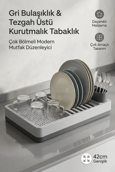 Modern Kurutmalık Tabaklık Gri Tezgah Üstü Bulaşıklık Bardaklık Standı Mutfak ürün görseli 1