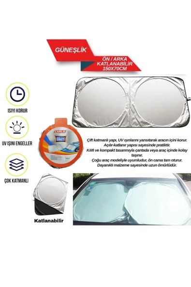 Miflonlu Katlanır Oto Ön Cam Güneşliği 150x70cm Güneş Koruyucu Yazlık Araç Aksesuarı ürün görseli 1