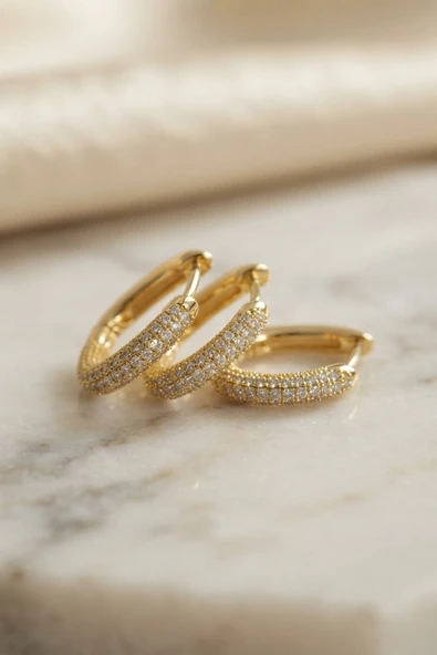 3 lü Set Gold Renk Zirkon Taşlı Kare Halka Küpe ürün görseli 1