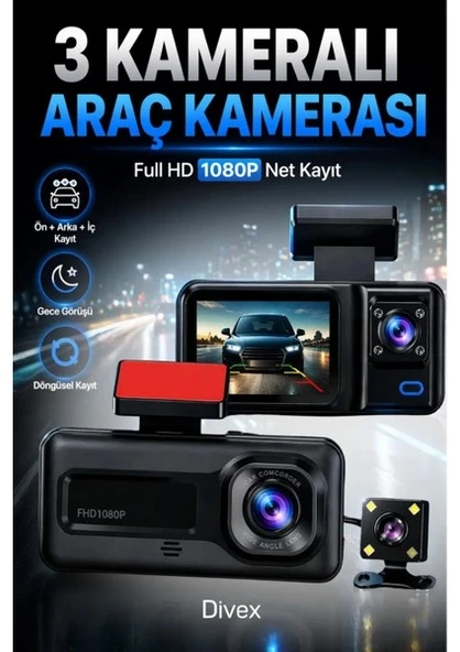 HD 3 Kameralı Araç Kamerası Ön Arka İç Kayıt Gece Görüşlü G Sensörlü Geniş Açılı ürün görseli 1