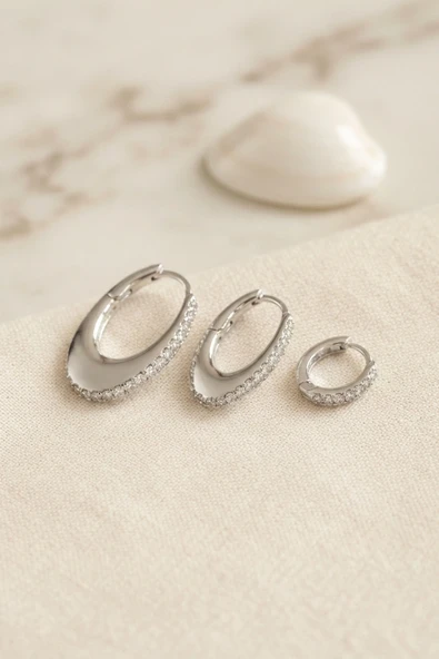 Gümüş Renk Oval Halka Model Zirkon Taşlı 3 lü Küpe Set ürün görseli 1