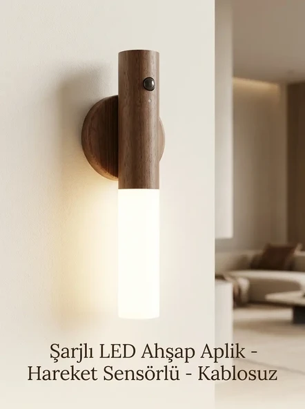 Kablosuz Ahşap Renk LED Duvar Lambası Şarjlı Hareket Sensörlü Günışığı Lüks Aplik ürün görseli 1