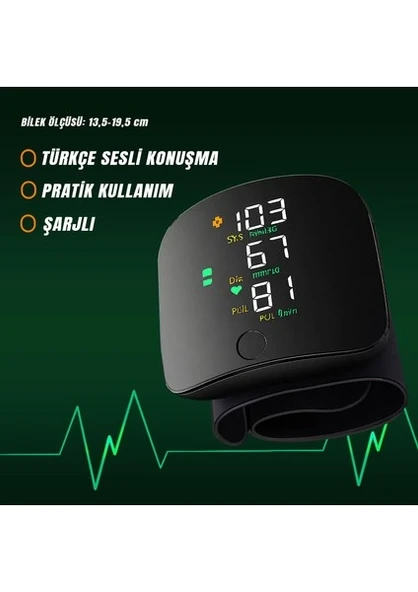 Türkçe Konuşan Şarjlı Bilekten Dijital Tansiyon ve Nabız Ölçüm Cihazı LCD Ekranlı ürün görseli 1