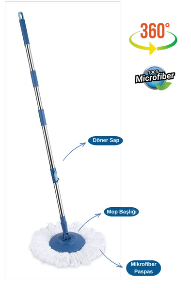 Flora Balerina Döner Başlıklı Mop Sap Seti F181, Saplı Başlıklı Mikrofiber Temizlik Paspası Mavi ürün görseli 1