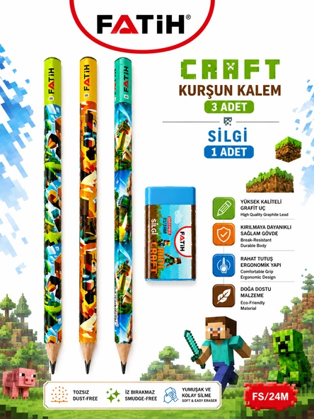 Fatih Mini Craft Kurşun Kalem Seti 3, B Mini Craft Kurşun Kalem 1 Mini Craft Silgi Okul Kırtasiye Seti ürün görseli 1