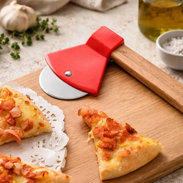 Pizza Kesici - Balta Tasarımlı - Ahşap Saplı - Paslanmaz Çelik Bıçaklı ürün görseli 1
