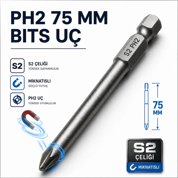 Manyetik S2 Çelik 75 Mm 7.5 Cm Ph2 Bits Uç Tornavida Matkap Vidalama Manyetik Vidalama Ucu 1/4 İnç ürün görseli 1