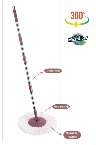 Flora Balerina Döner Başlıklı Mop Sap Seti F181, Saplı Başlıklı Mikrofiber Temizlik Paspası Pembe ürün görseli 1