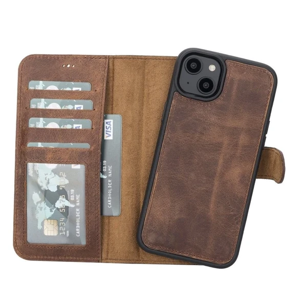 Apple iPhone 14 Plus Uyumlu Deri Cüzdanlı Kılıf MWWN G2 Kahve ürün görseli 1