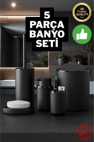 5 Parça Siyah Çizgili Yuvarlak 5'li Eco Banyo Seti Çöp Kovası Tuvalet Fırçası Sabunluk Diş Fırçalık ürün görseli 1