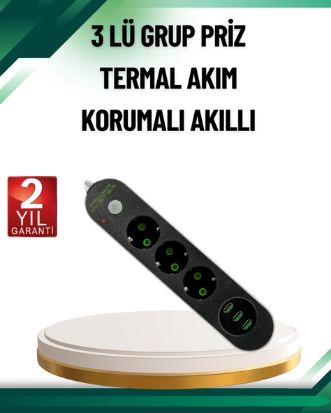 Akım Korumalı Anahtarlı USB Girişli Üçlü Priz ürün görseli 1