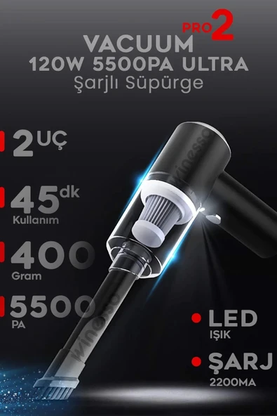 Mini Vakumlu Type C Şarjlı Araç Süpürgesi El Süpürgesi Şarjlı Çok Fonksiyonlu 5500 Pa ürün görseli 1