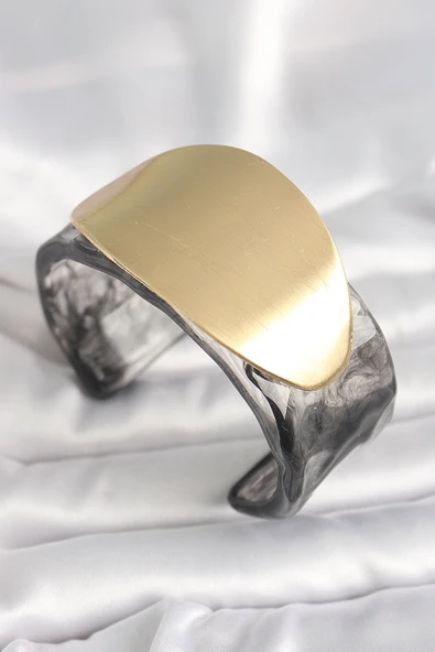 Siyah Mermer Desen Akrilik Plastik Gold Oval Plaka Model Vintage Kadın Bilezik ürün görseli 1