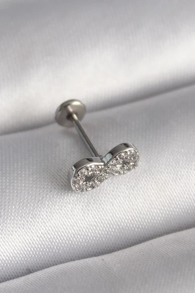 316L Çelik Gümüş Renk Zirkon Taşlı Sonsuzluk Model Tragus Piercing ürün görseli 1