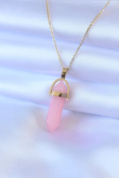 316L Çelik Gold Renk Kristal Pembe Taş Model Kadın kolye ürün görseli 1