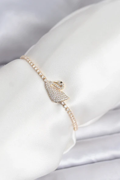 Kuğu Model Zirkon Taşlı Gold Renk Asansörlü Su Yolu Bileklik ürün görseli 1