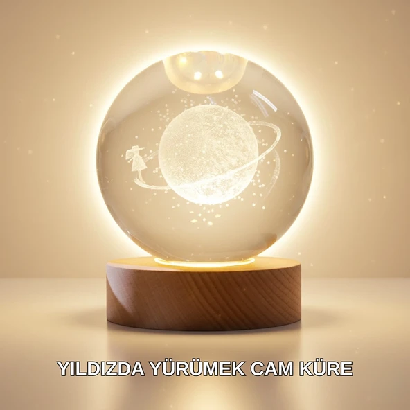 Ahşap Standlı Sarı Işıklı Dekoratif Küre Kız Figürü Tasarım ürün görseli 1