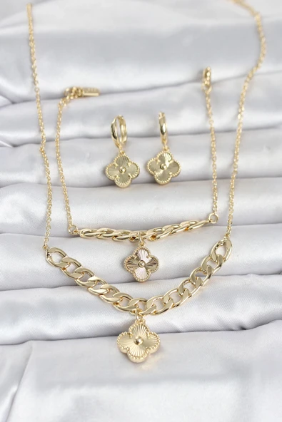 Gold Renk Pirinç Kolye Bileklik ve Küpe Seti ürün görseli 1