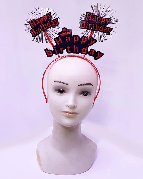 Happy Birthday Yazılı Püsküllü Neon Kırmızı Renk Doğum Günü Tacı 22x19 cm ürün görseli 1